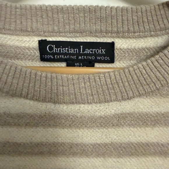 Christian Lacroix Tan and Cream 100% Extrafine Merino Wool Crewneck Sweater - Picture 4 of 7